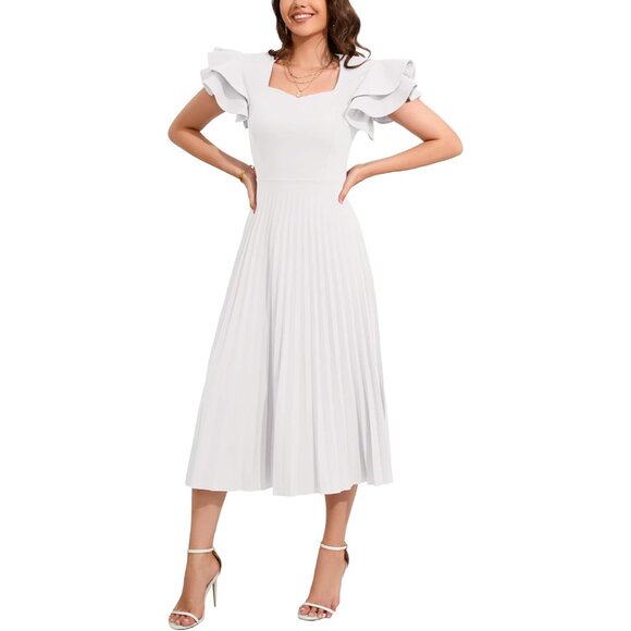 Women's Maxi Dress Polyster Square Neck Ruffle Sleeve Pleated Stretchy Casual - Picture 1 of 6